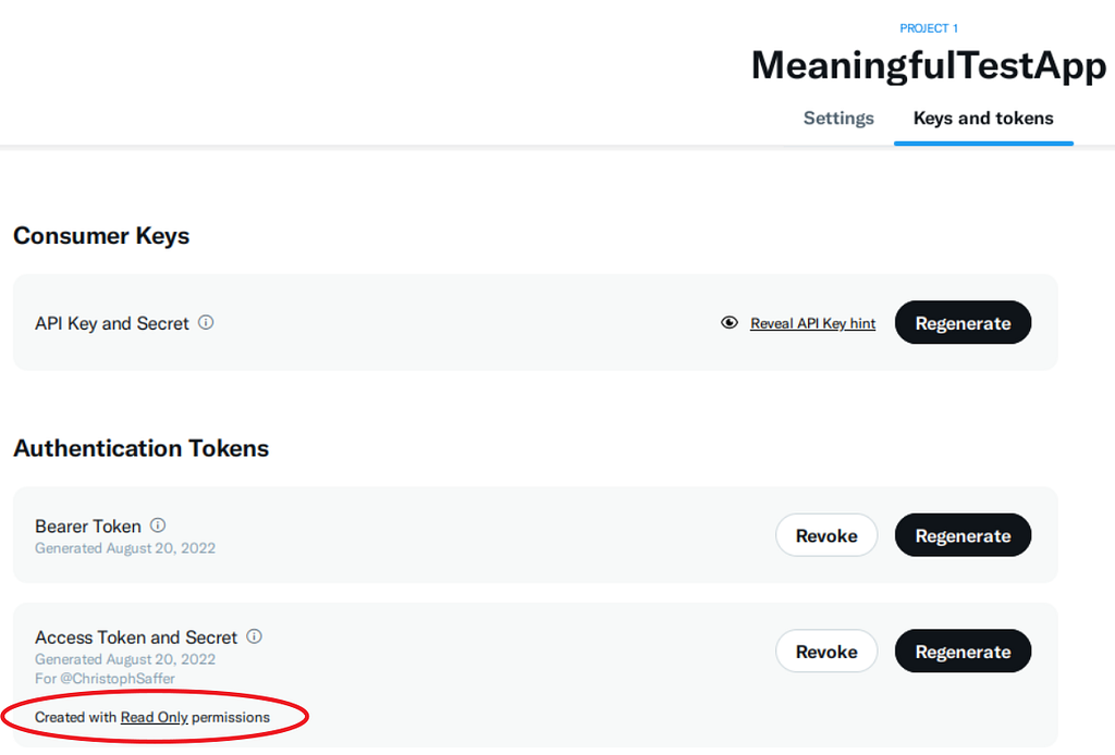 Keys and token of application with Read Only permissions